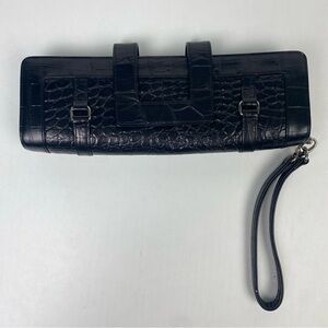 Bunny Brand Clutch Purse Black Faux Leather Reptile Animal Small Detach Strap